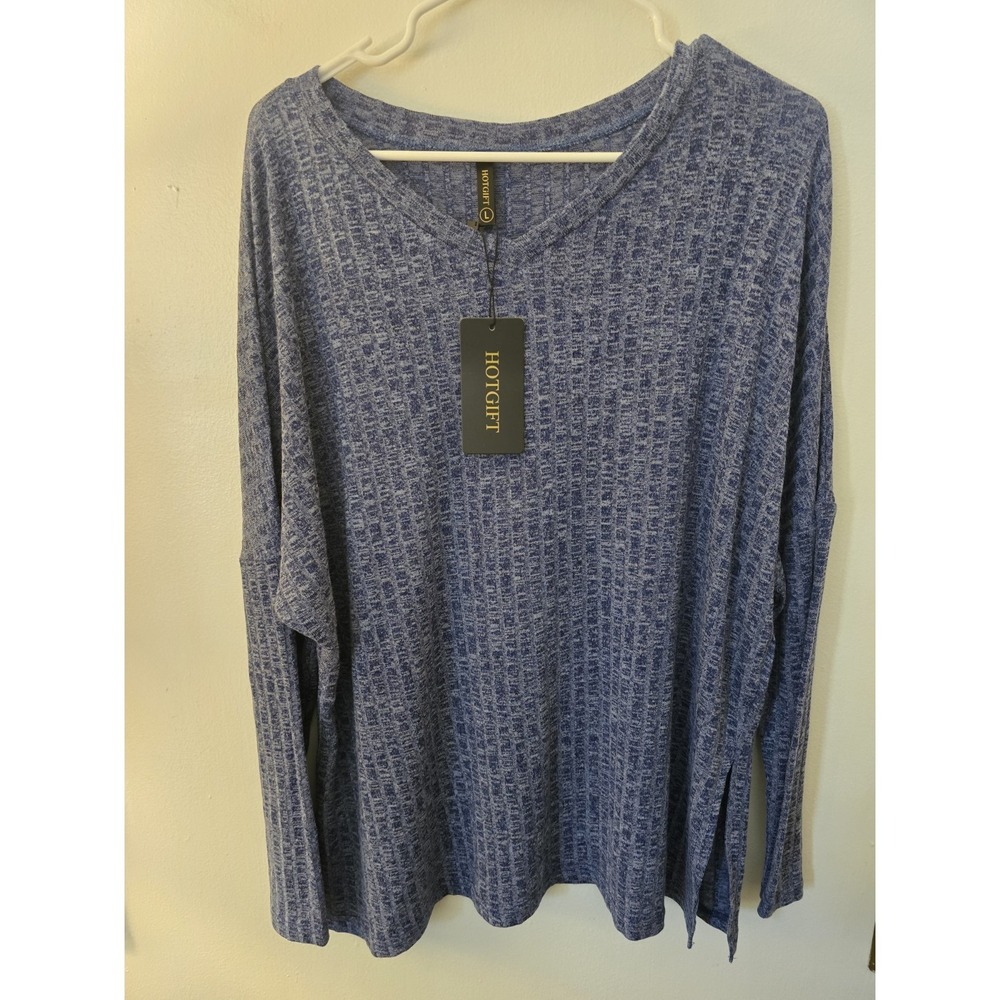 HOTGIFT Women's Blue V-Neck Long Sleeve Textured Knit Pullover Sweater L